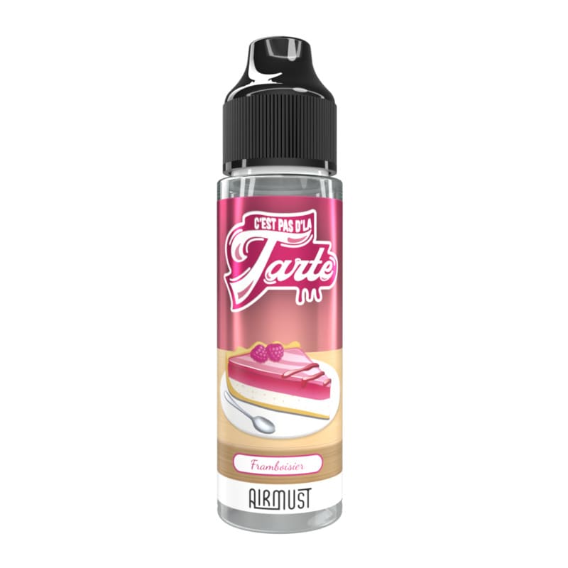 Flacon de 50ml AIRMUST C'est Pas D'la Tarte Framboisier V2 avec étiquette rose illustrée d'une part de gâteau aux framboises.