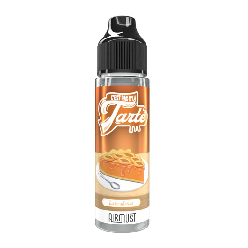 Flacon e-liquide 50ml AIRMUST Tarte Abricot avec étiquette orange illustrée d'une part de tarte et bouchon noir.