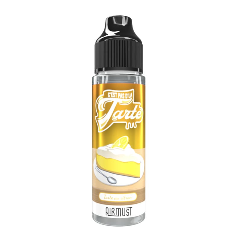 Flacon de 50ml d'e-liquide AIRMUST Tarte au Citron V2 avec étiquette dorée illustrée d'une part de tarte meringuée.