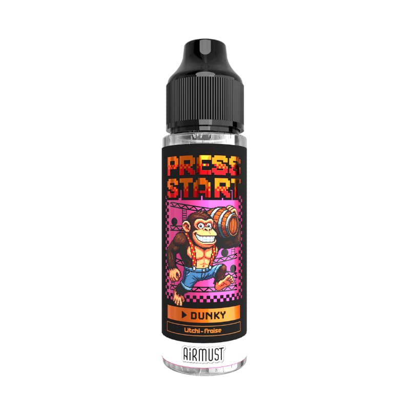 Flacon de 50ml d'e-liquide Airmust Dunky avec étiquette rétro style jeu vidéo illustrée d'un singe et texte Press Start.