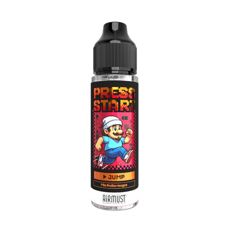 Flacon d'e-liquide Airmust Press Start Jump 50ml avec étiquette rétro style jeu vidéo et illustration de personnage.