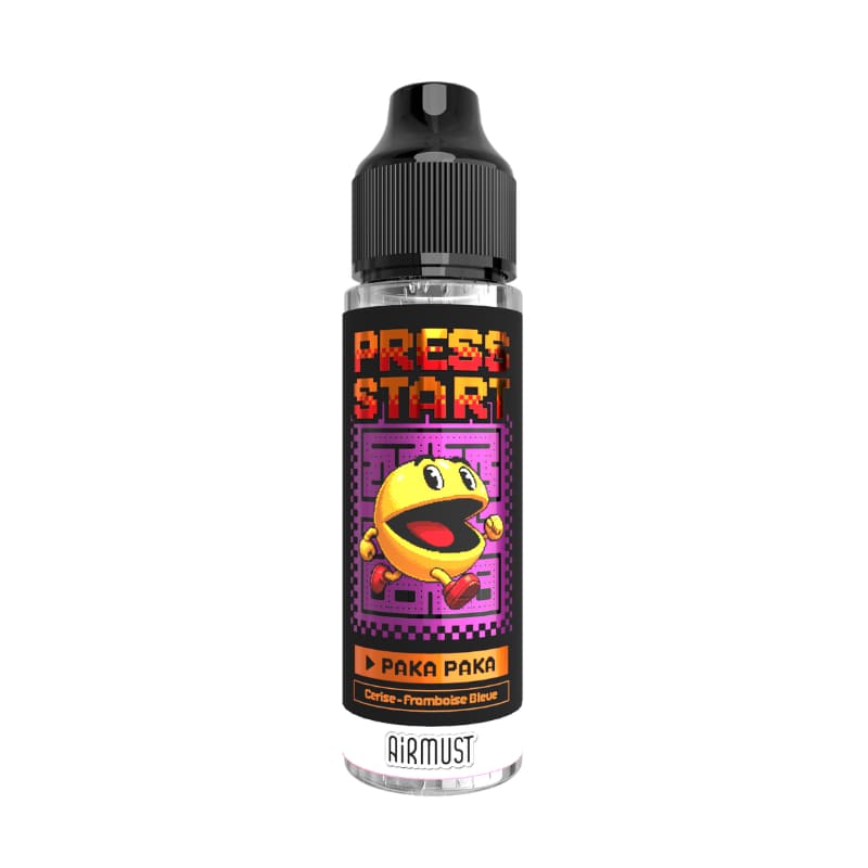 Flacon de 50 ml d'e-liquide Airmust Paka Paka avec étiquette rétro style jeu vidéo, cerise et framboise bleue.