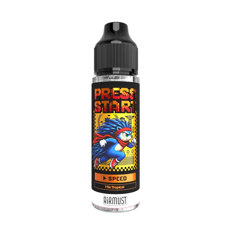 Flacon d'e-liquide Airmust Press Start Speed 50ml avec étiquette colorée style rétro gaming et personnage bleu.