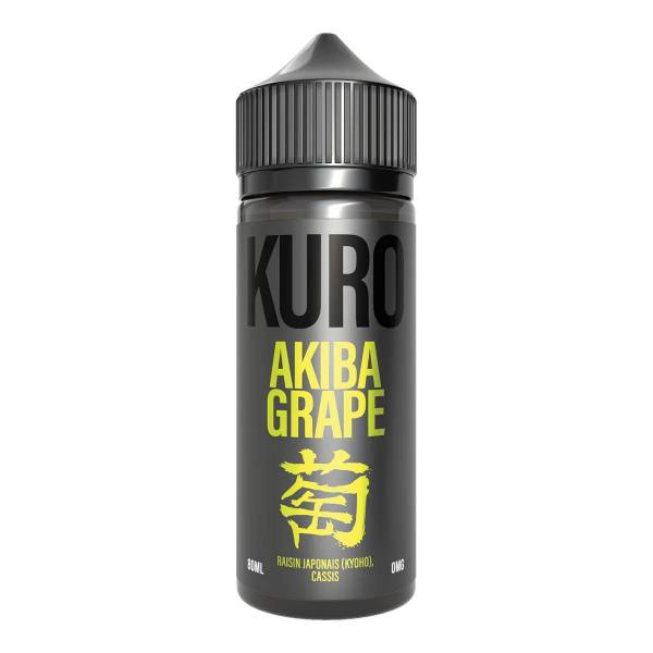 Flacon d'e-liquide Kuro Akiba Grape 80ml noir avec étiquette minimaliste et typographie jaune vif.