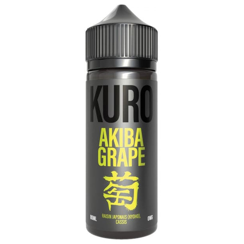 Flacon d’e-liquide Akiba Grape 80ml de KURO sur fond blanc.