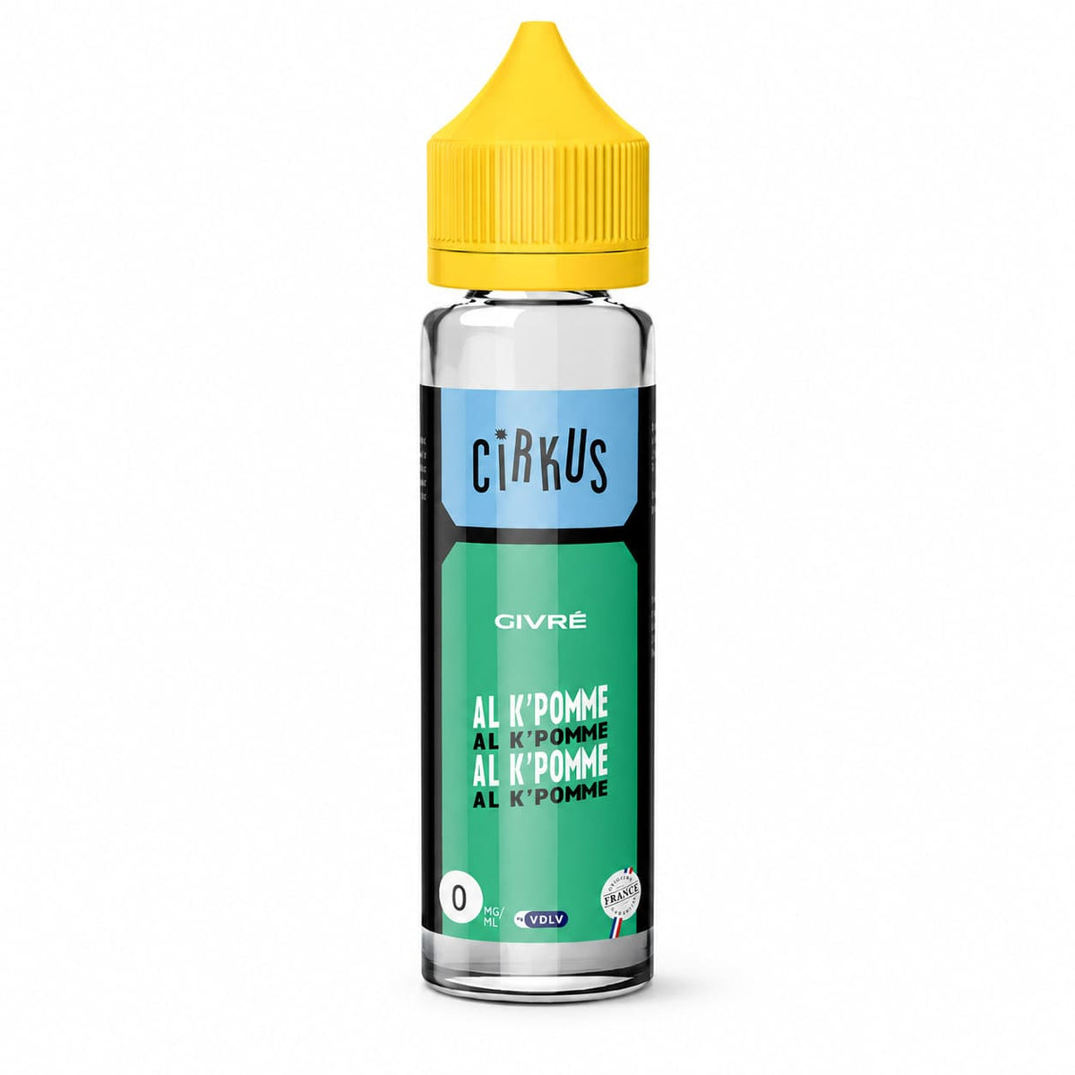 Flacon de 50ml d'e-liquide Al K'Pomme Cirkus avec bouchon jaune, étiquette verte et bleue, sans nicotine.