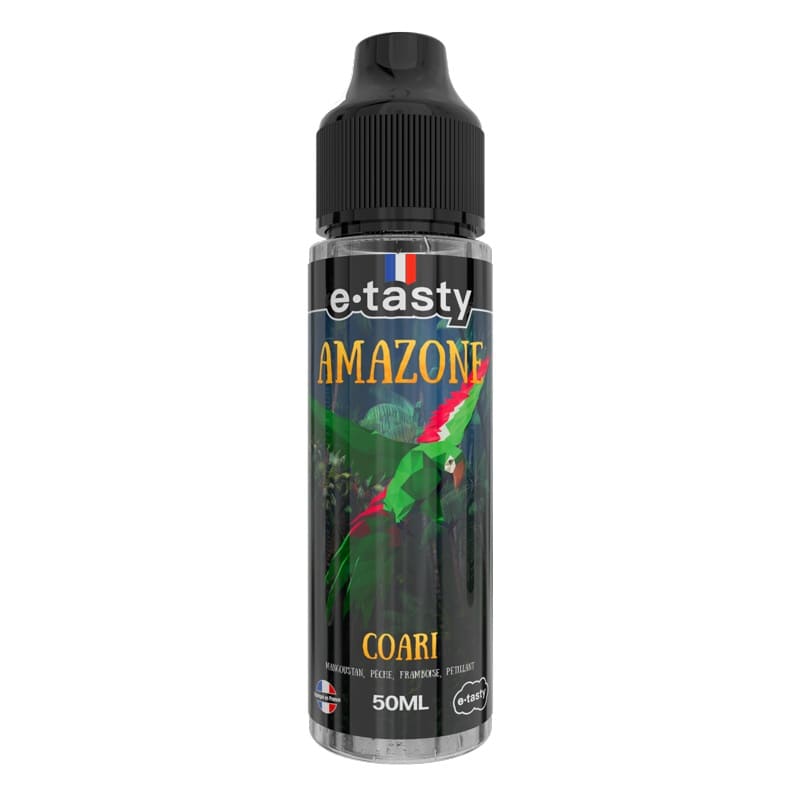 Flacon d'e-liquide E.Tasty Amazone Coari 50ml avec étiquette illustrée d'un perroquet vert sur fond de jungle tropicale.