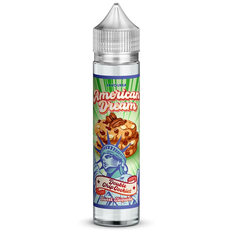 Flacon d'e-liquide Savourea American Dream Double Chip Cookie avec étiquette illustrée de cookies et Statue de la Liberté.