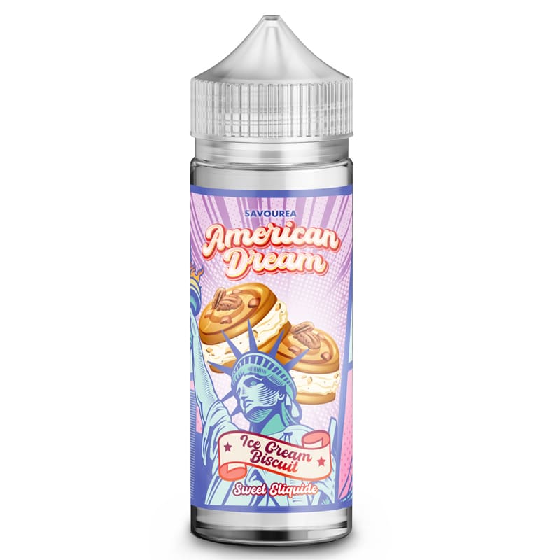 Flacon d'e-liquide Savourea American Dream Ice Cream Biscuit avec illustration de la Statue de la Liberté et biscuits vanille.