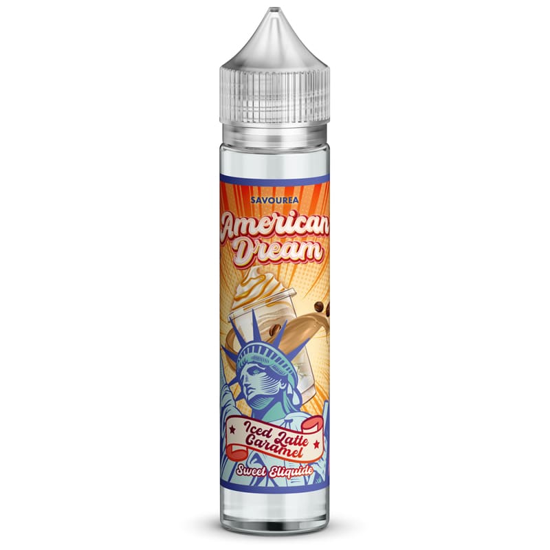 Flacon d'e-liquide Savourea American Dream Iced Latte Caramel avec étiquette illustrée de la Statue de la Liberté.