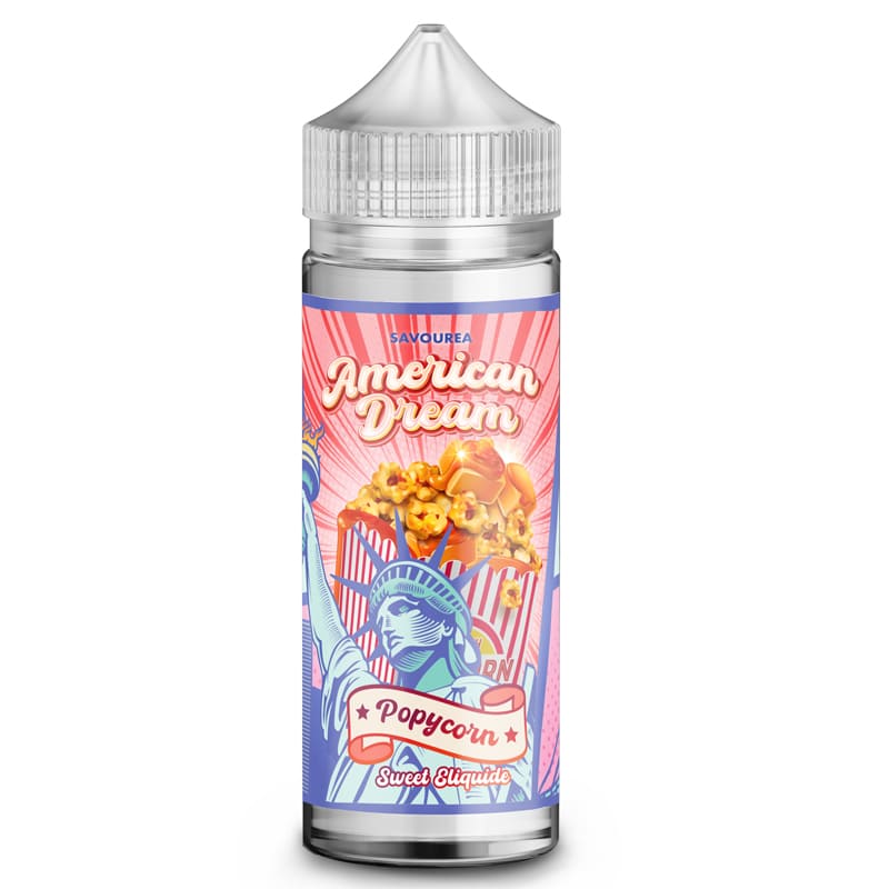 Flacon d'e-liquide Savourea American Dream Popycorn avec étiquette illustrée de la Statue de la Liberté et de pop-corn.