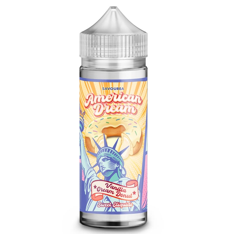Flacon d'e-liquide Savourea American Dream Vanilla Cream Donut avec illustration de la Statue de la Liberté et d'un donut.