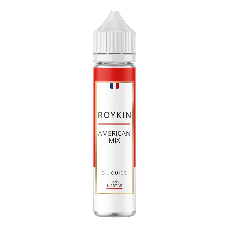 Flacon d'e-liquide Roykin American Mix 50ml avec étiquette rouge et blanche, bouchon blanc et petit drapeau français.
