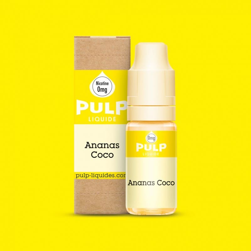 Flacon d'e-liquide PULP Ananas Coco 10ml avec sa boîte en carton sur fond jaune vif.