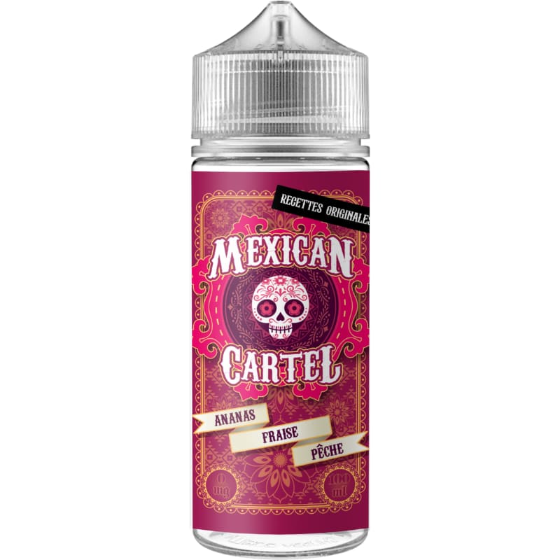 Flacon d'e-liquide Mexican Cartel Ananas Fraise Pêche avec étiquette rose ornée d'une tête de mort style calavera.