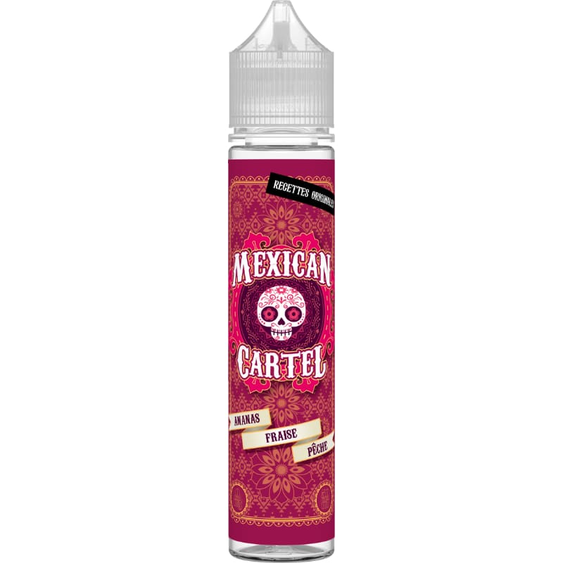 Flacon d'e-liquide Mexican Cartel Ananas Fraise Pêche avec étiquette rose ornée d'un crâne style calavera mexicaine.