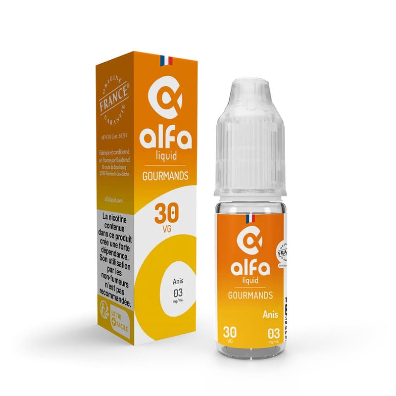 Flacon de 10ml d'e-liquide Alfaliquid saveur Anis avec sa boîte en carton orange et blanc, design épuré et bouchon transparent.