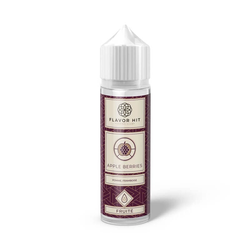 Flacon de 50ml Flavor Hit Apple Berries, e-liquide fruité pomme framboise avec étiquette bordeaux et bouchon blanc.