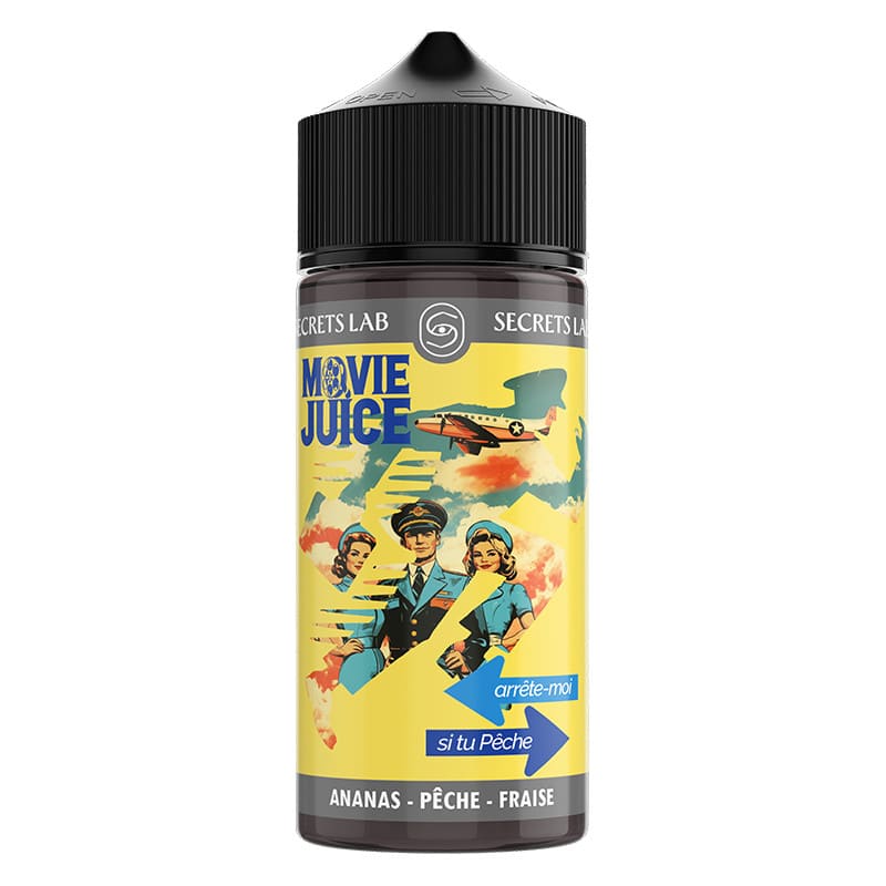 Flacon de 100ml Arrête-Moi Si Tu Pêche Secret's Lab avec étiquette rétro illustrée, bouchon noir et design Movie Juice.