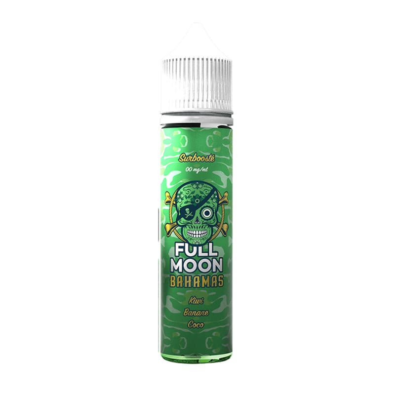 Flacon unicorn 50ml Full Moon Bahamas avec étiquette verte camouflage, logo tête de mort pirate et bouchon blanc sécurisé.
