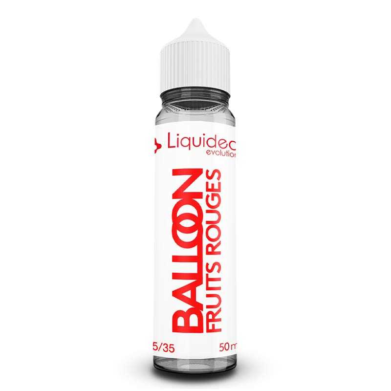 Flacon d'e-liquide Liquideo Balloon Fruits Rouges 50ml avec étiquette blanche et texte rouge sur fond transparent.