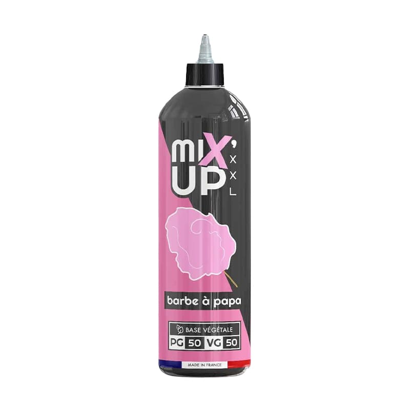 Flacon de 1L d'e-liquide Mix'Up Barbe à Papa, design noir et rose avec illustration de barbe à papa, base végétale 50/50.