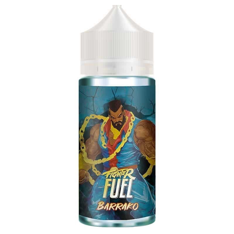 Flacon de e-liquide Fighter Fuel Barrako avec illustration de personnage musclé, étiquette bleue et bouchon blanc.