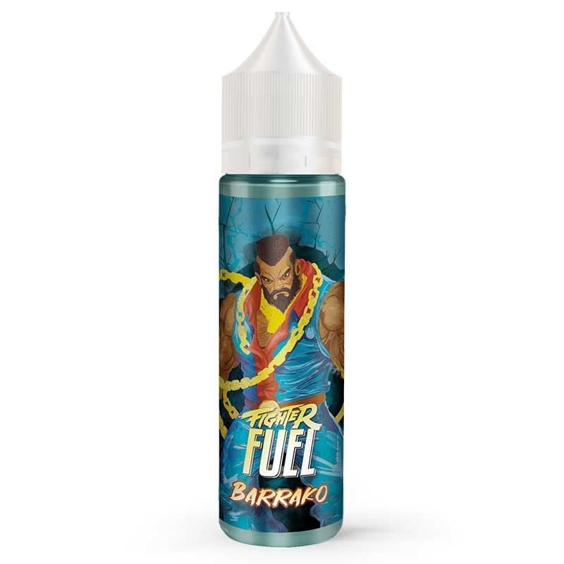 Flacon de e-liquide Fighter Fuel Barrako avec illustration de personnage musclé, étiquette bleue et bouchon blanc.