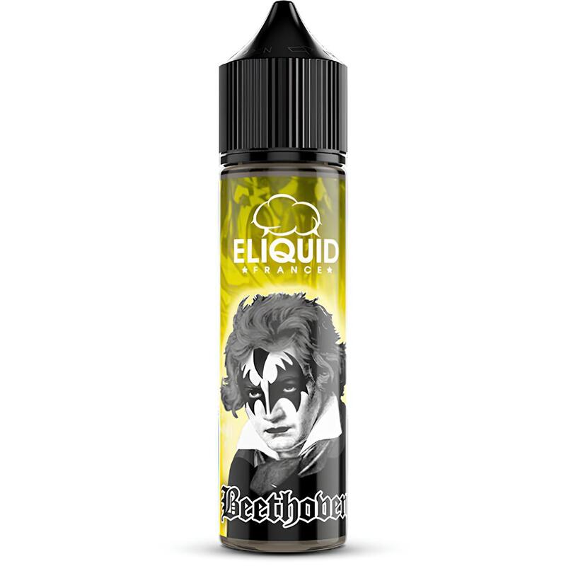 Flacon de 50ml Eliquid France Beethoven avec étiquette jaune, portrait de Beethoven maquillé et bouchon noir.