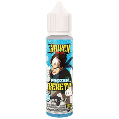 Flacon d'e-liquide 50ml Saiyen Vapors Frozen Bereta avec illustration manga sur fond bleu et bouchon blanc.