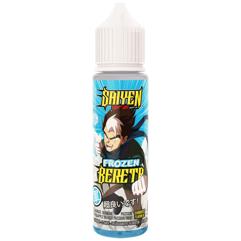 Flacon d'e-liquide 50ml Saiyen Vapors Frozen Bereta avec illustration manga sur fond bleu et bouchon blanc.