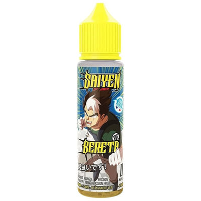 Flacon de 50ml d'e-liquide Bereta Saiyen Vapors avec bouchon jaune et étiquette illustrée style manga.