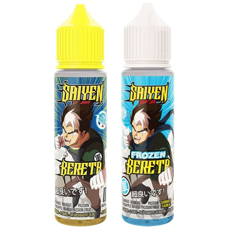 Deux flacons de 50ml d'e-liquide Bereta Saiyen Vapors, versions standard et Frozen avec étiquettes style manga et bouchons colorés.