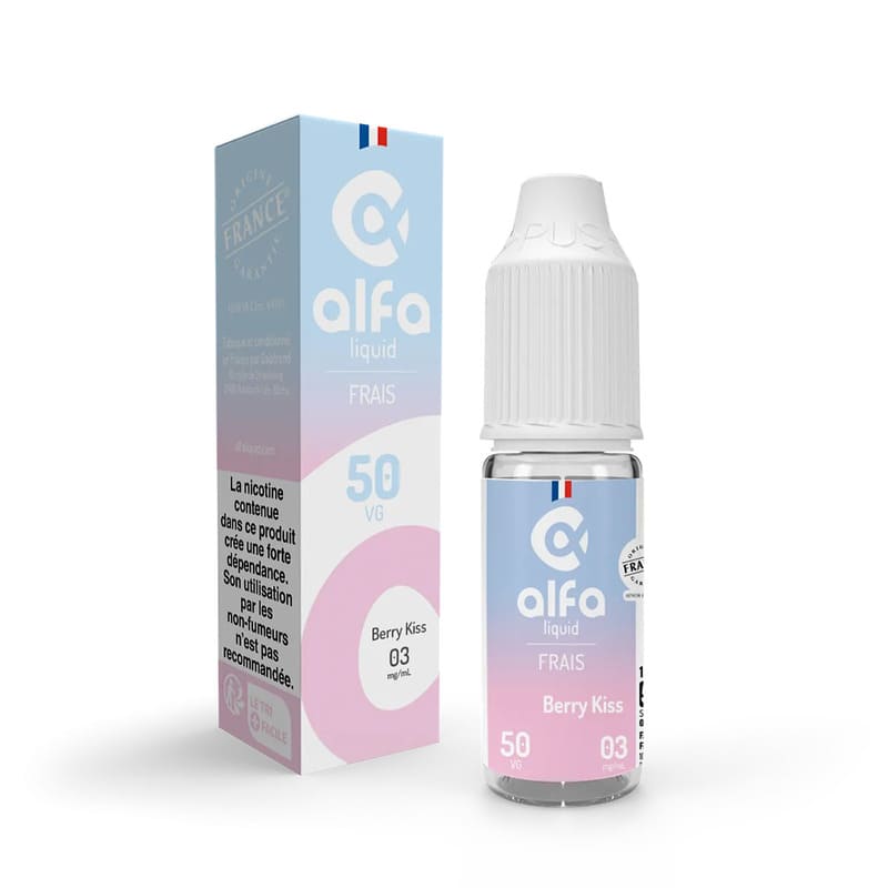 Flacon de 10ml d'e-liquide Alfaliquid Berry Kiss avec sa boîte cartonnée aux tons bleu et rose dégradés.