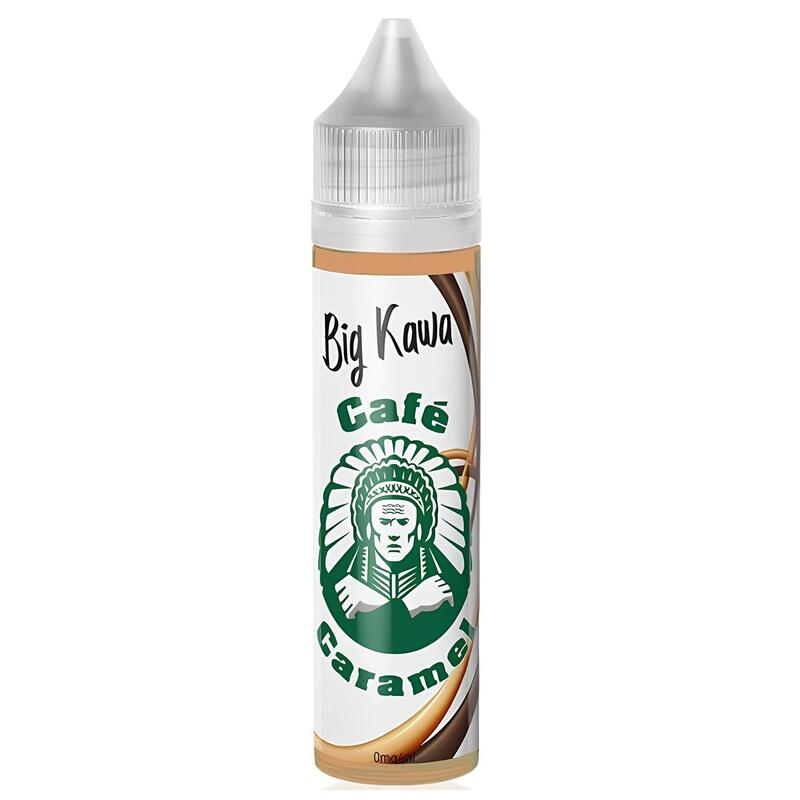 Flacon d'e-liquide Big Kawa Café Caramel O'JLAB avec étiquette illustrée d'un chef indien sur fond beige et marron.