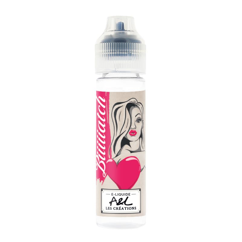 Flacon de 50ml d'e-liquide Biiiiiatch A&L avec étiquette illustrée d'un personnage féminin et d'un cœur rose vif.
