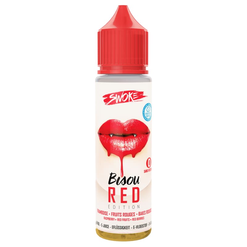 Flacon de 50 ml d'e-liquide Swoke Bisou Red avec bouchon rouge et illustration de lèvres rouges sur fond blanc.