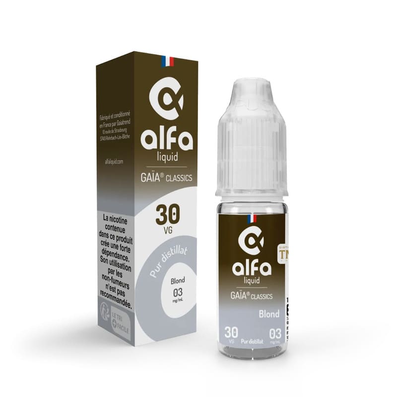 Flacon d'e-liquide Alfaliquid Gaïa Classics Blond 10ml avec sa boîte en carton aux tons marron et gris.