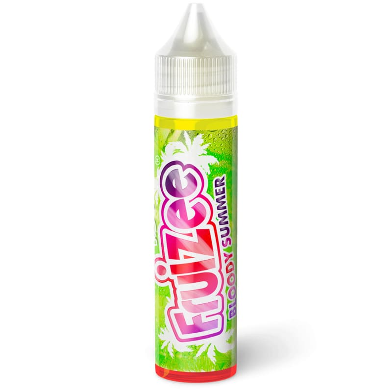 Flacon de 50ml d'e-liquide Fruizee Bloody Summer avec étiquette colorée, motifs de palmiers et bouchon transparent.