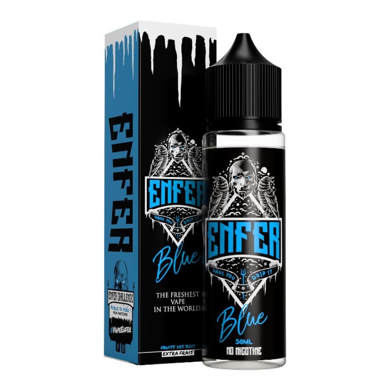 Flacon d'e-liquide Enfer Blue 50ml avec boîte assortie, design noir et bleu illustré d'un crâne et de fruits des bois.
