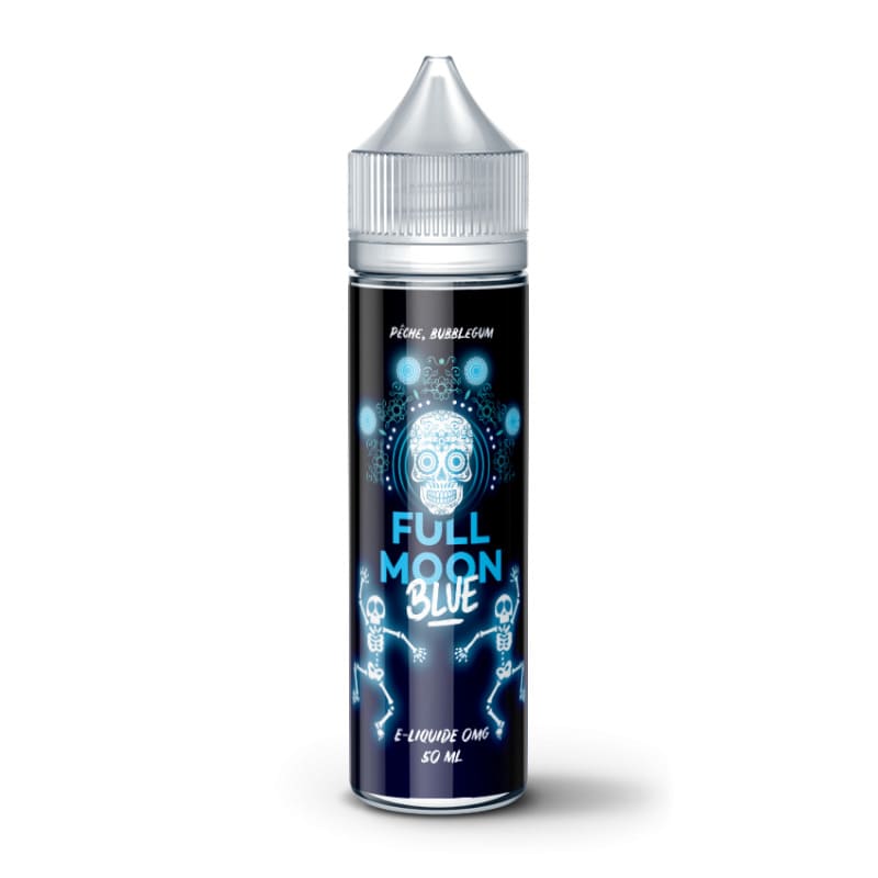 Flacon de 50ml Full Moon Blue avec étiquette noire, motif tête de mort et squelettes bleus, bouchon transparent.