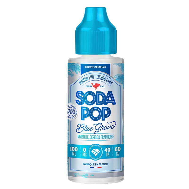 Flacon d'e-liquide Blue Grove Soda Pop 100ml The Fuu avec bouchon bleu et étiquette aux tons bleus fruités.