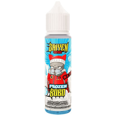 Flacon d'e-liquide Frozen Bobo 50ml Saiyen Vapors avec illustration de personnage manga sur fond bleu glacé.
