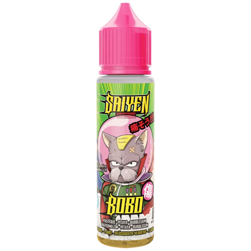 Flacon d'e-liquide 50ml Saiyen Vapors Bobo avec bouchon rose et illustration de personnage manga sur fond vert.