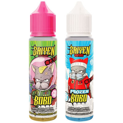 Deux flacons de 50ml d'e-liquide Saiyen Vapors Bobo et Frozen Bobo avec illustrations manga colorées et bouchons rose et blanc.