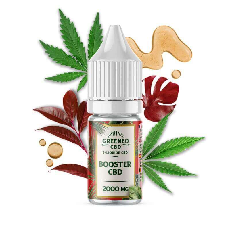 Flacon de 10ml de booster CBD Greeneo avec bouchon blanc, étiquette tropicale et feuilles de chanvre en arrière-plan.