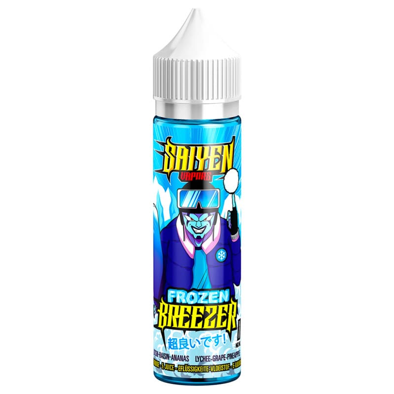 Flacon de 50ml d'e-liquide Saiyen Vapors Frozen Breezer avec illustration manga sur fond bleu glacé et bouchon blanc.