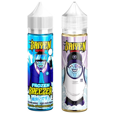 Deux flacons de 50ml Saiyen Vapors Breezer et Frozen Breezer avec illustrations manga colorées et bouchons blancs.