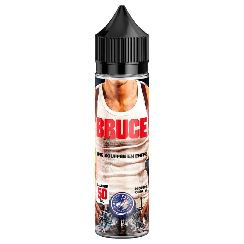 Flacon unicorn 50ml de e-liquide Bruce Swoke avec étiquette illustrée d'un personnage en débardeur blanc et bouchon noir.