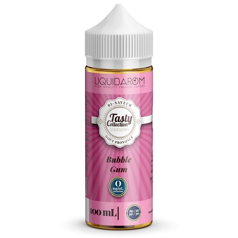Flacon d'e-liquide Liquidarom Tasty Collection Bubble Gum 100ml avec étiquette rose à rayures et bouchon blanc.